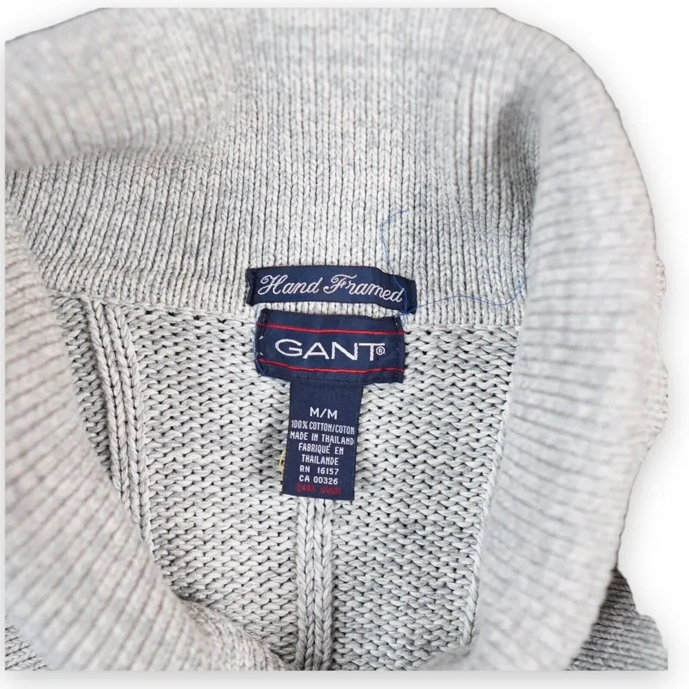 GANT‎ Hand Framed Sweater Heavy Cotton Medium Gray Shawl Collar Fisherman Cable